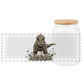 T rex Bursts out of the ground - Panoramic Cookie Jar with Wooden Lid - white - Front