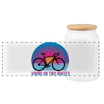 Vibing On Two Wheels Synthwave Road Bike - Panoramic Cookie Jar with Wooden Lid - white - Front