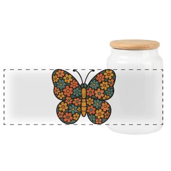 Flower Butterfly Pattern - Panoramic Cookie Jar with Wooden Lid - white - Front