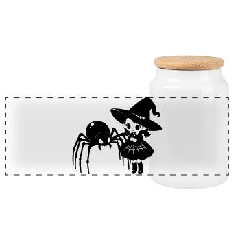 Cute Witch with Spider Halloween Motif - Panoramic Cookie Jar with Wooden Lid - white - Front