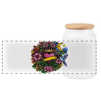 Herz Krone Blumen Kolibri Design - Panorama Keksdose mit Holzdeckel - Weiß - Vorne