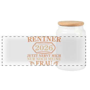 Rentner 2026 Nervt meine Frau – Renteneintritt - Panorama Keksdose mit Holzdeckel - Weiß - Vorne