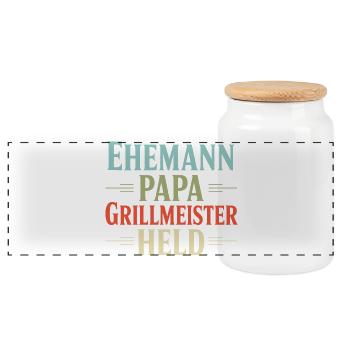 Ehemann Papa Grillmeister Held Vater Retro BBQ - Panorama Keksdose mit Holzdeckel - Weiß - Vorne