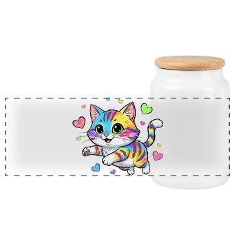 Regenbogenkatze mit Herzen - Panorama Keksdose mit Holzdeckel - Weiß - Vorne