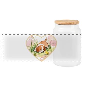 Puppy and Chick: 🐶🐥Unexpected Friendship - Panoramic Cookie Jar with Wooden Lid - white - Front