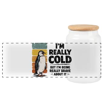 Vintage Pinguin-Humor Ich bin wirklich kalt Mutig - Panorama Keksdose mit Holzdeckel - Weiß - Vorne