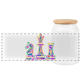 Schachspieler bunte Schachfiguren Kinder Schach - Panorama Keksdose mit Holzdeckel - Weiß - Vorne
