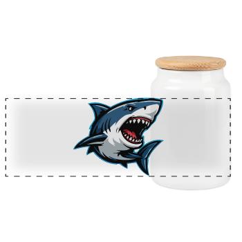 Shark Caricature in Lightning Style - Panoramic Cookie Jar with Wooden Lid - white - Front