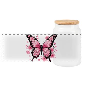 Pink butterfly in front of cherry blossoms - Panoramic Cookie Jar with Wooden Lid - white - Front