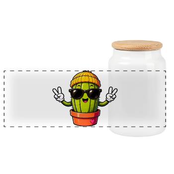 Cooler Peace-Sign-Kaktus in Mütze und Sonnenbrille - Panorama Keksdose mit Holzdeckel - Weiß - Vorne