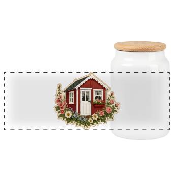 Rotes Schwedenhaus mit Blumen im Tinyhaus Stil  - Panorama Keksdose mit Holzdeckel - Weiß - Vorne