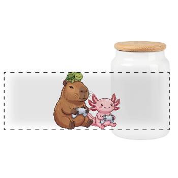 Capybara and Axolotl Gaming Funny  - Panoramic Cookie Jar with Wooden Lid - white - Front