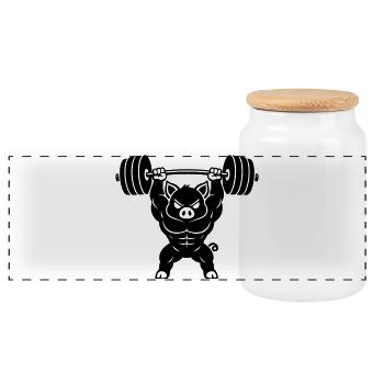 Muscle pig lifts heavy dumbbell - Panoramic Cookie Jar with Wooden Lid - white - Front