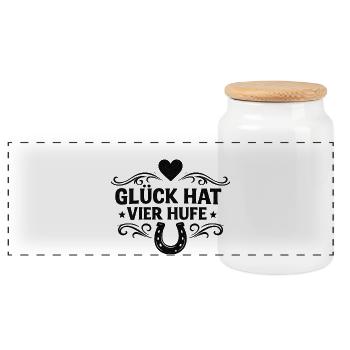 Glück hat vier Hufe - Panorama Keksdose mit Holzdeckel - Weiß - Vorne