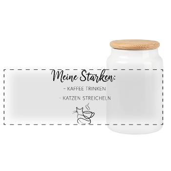 Meine Stärken Kaffee trinken Katzen streicheln - Panorama Keksdose mit Holzdeckel - Weiß - Vorne