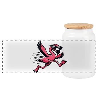 Flamingo im Sprint mit Sonnenbrille - Panorama Keksdose mit Holzdeckel - Weiß - Vorne