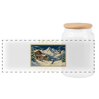 Frankreich Courchevel Vintage Reisemarke - Panorama Keksdose mit Holzdeckel - Weiß - Vorne