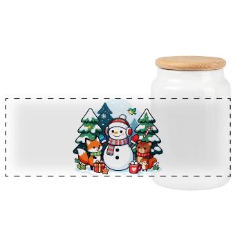 Cozy Snowman with Winter Friends - Panoramic Cookie Jar with Wooden Lid - white - Front