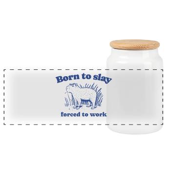 Capybara "Born to Slay Forced to Work" - blue - Panoramic Cookie Jar with Wooden Lid - white - Front