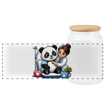 Panda Patient Doctor Visit - Panoramic Cookie Jar with Wooden Lid - white - Front