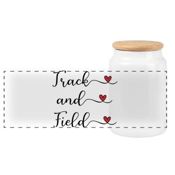 Track and Field handwritten Logo with Hearts - Panoramic Cookie Jar with Wooden Lid - white - Front