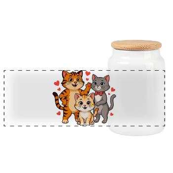 Funny cat family - Panoramic Cookie Jar with Wooden Lid - white - Front