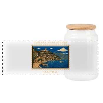 Nordmazedonien Ohrid Vintage Reisemarke - Panorama Keksdose mit Holzdeckel - Weiß - Vorne