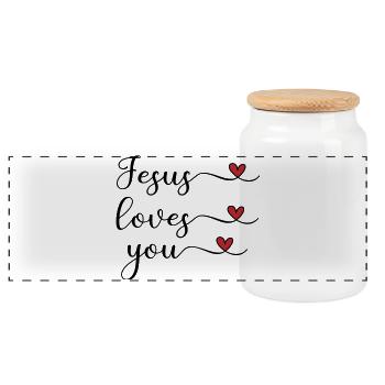 Jesus liebt dich süß Typografie mit Herz - Panorama Keksdose mit Holzdeckel - Weiß - Vorne