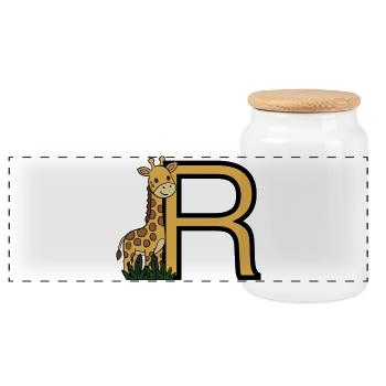 Giraffe with golden R - Panoramic Cookie Jar with Wooden Lid - white - Front