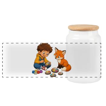 Junge bemalt bunte Steine mit neugierigem Fuchs - Panorama Keksdose mit Holzdeckel - Weiß - Vorne