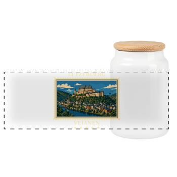 Luxemburg Vianden Vintage Reisemarke - Panorama Keksdose mit Holzdeckel - Weiß - Vorne