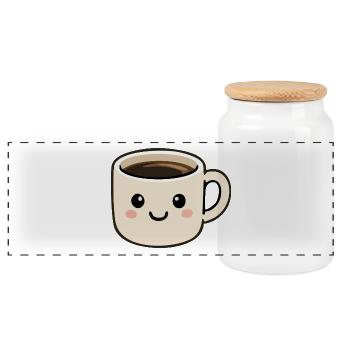 Süßer lächelnder Kawaii-Kaffeetassen-Cartoon - Panorama Keksdose mit Holzdeckel - Weiß - Vorne