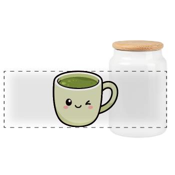 Kawaii Winking Matcha Green Tea Cup - Panoramic Cookie Jar with Wooden Lid - white - Front