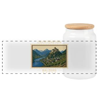 Liechtenstein Balzers Vintage Reisemarke - Panorama Keksdose mit Holzdeckel - Weiß - Vorne