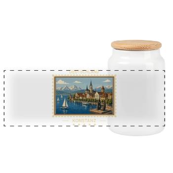 Deutschland Konstanz Vintage Reisemarke - Panorama Keksdose mit Holzdeckel - Weiß - Vorne