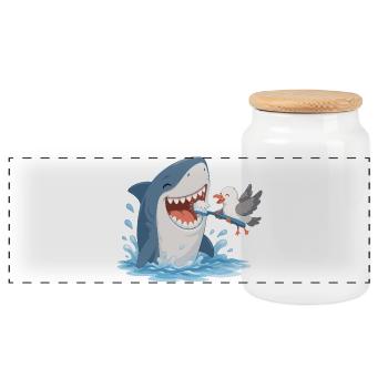 Shark brushing teeth with seagull - Panoramic Cookie Jar with Wooden Lid - white - Front