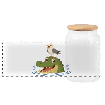 Funny crocodile with seagull - Panoramic Cookie Jar with Wooden Lid - white - Front