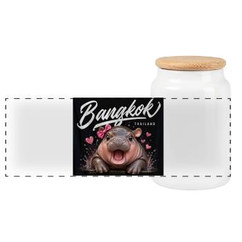 Bangkok Hippo with Bow - Panoramic Cookie Jar with Wooden Lid - white - Front