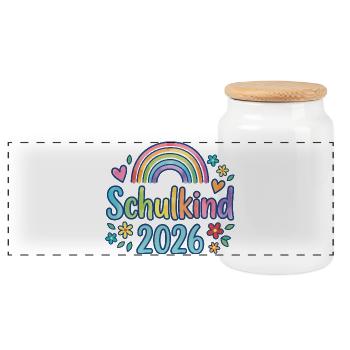 Schulkind 2026 Regenbogen - Panorama Keksdose mit Holzdeckel - Weiß - Vorne