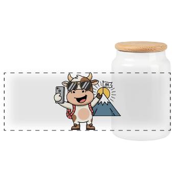 Kuh Wandern Berge Cartoon Motiv für Naturfreunde - Panorama Keksdose mit Holzdeckel - Weiß - Vorne