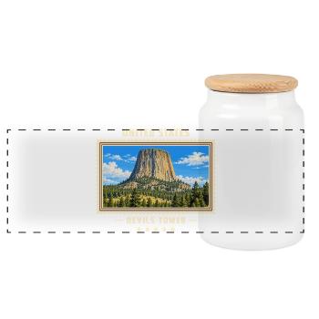 Vereinigte Staaten Devils Tower Vintage Reisemarke - Panorama Keksdose mit Holzdeckel - Weiß - Vorne