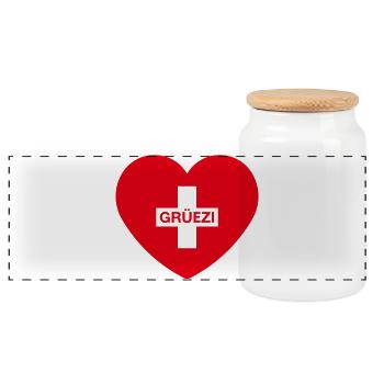 Grüezi (Herz / Schweizerkreuz / Schweiz / 1C) - Panorama Keksdose mit Holzdeckel - Weiß - Vorne