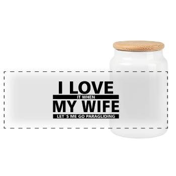 wife paragliding - Panoramic Cookie Jar with Wooden Lid - white - Front