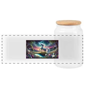 A mystical unicorn with Aurora Boreralis - Panoramic Cookie Jar with Wooden Lid - white - Front