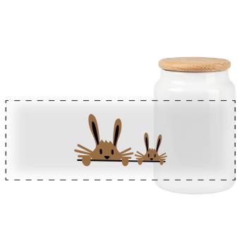 2 Bunnies Family Child Father Two Toddler Mother - Panoramic Cookie Jar with Wooden Lid - white - Front