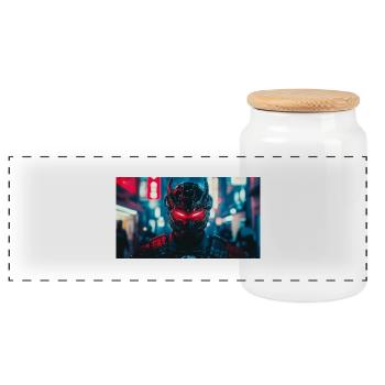 Visage futuriste de guerrier noir et rouge - Boîte à biscuits avec couvercle en bois - blanc - Devant