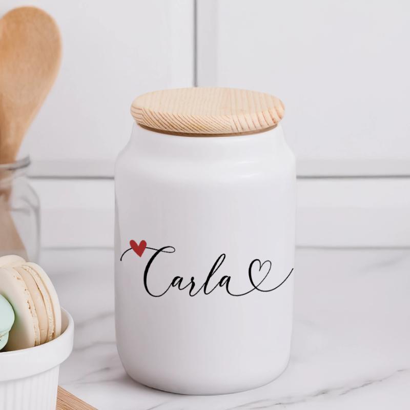 Carla Surname First name Calligraphy Heart Panoramic Cookie Jar with Wooden Lid