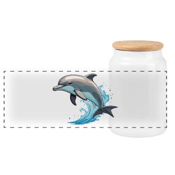 Dolphin - Cute Ocean Pet Design - Panoramic Cookie Jar with Wooden Lid - white - Front