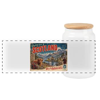 Grüße aus Schottland Retro-Postkarte - Panorama Keksdose mit Holzdeckel - Weiß - Vorne