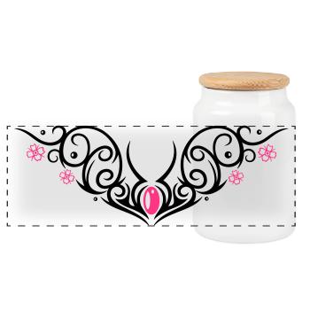 Tribal with cherry blossom, Tattoo - Panoramic Cookie Jar with Wooden Lid - white - Front
